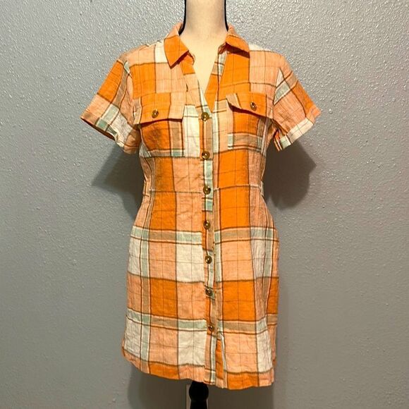NEW Fate women’s plaid linen blend button down dress size L - Picture 1 of 9